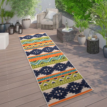 World Rug Gallery Distressed Geometric Bohemian Textured Flat Weave Indoor/Outdoor Runner Rug 2'x7' Natural 8018MULTI2X7
